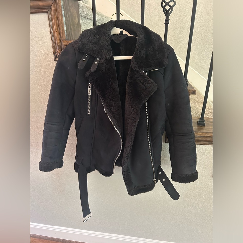 Topshop Black Vegan Suede Moto Jacket With Faux Fur Lining